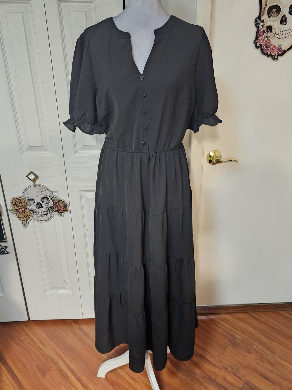 Women's Black Tiered Maxi Dress with Button Front